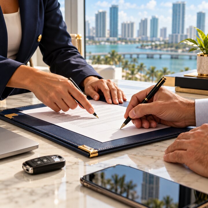 Illustration of a document signing in a workspace overlooking Miami